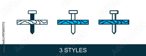 Filled outline Metallic nail and wood plank icon isolated on white background. Vector