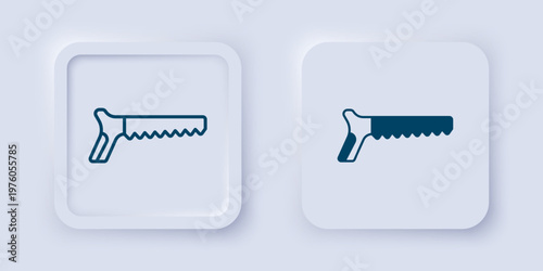 Filled and outline Hand saw icon isolated on grey background. Square button. Vector