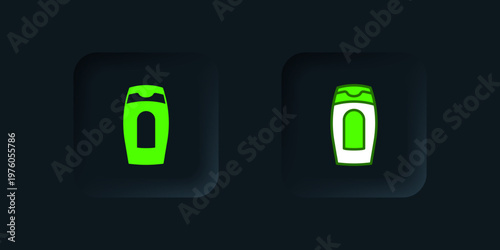 Green Bottle of shampoo icon isolated on black background. Black square button. Vector