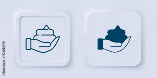 Filled and outline Shaving gel foam on hand icon isolated on grey background. Shaving cream. Square button. Vector