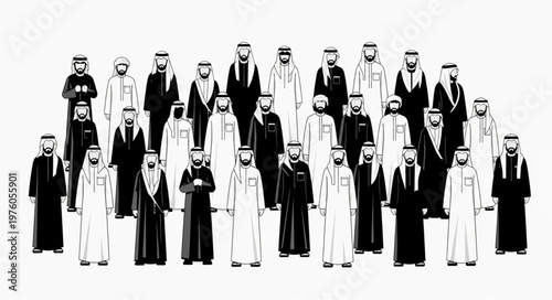 Group of Arab men in traditional attire standing together.