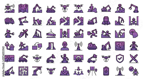 Robotics and Automation Icon Set in Purple Gradient Style. A collection of robotics Linear Icons, Including drone, arm, excavator, medical, machine, manufacturing, and more. Vector illustration.
