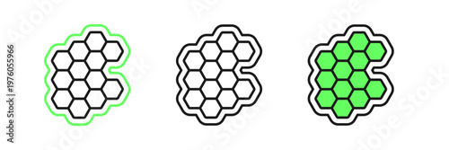 Set line Honeycomb icon isolated on white background. Honey cells symbol. Sweet natural food. Vector