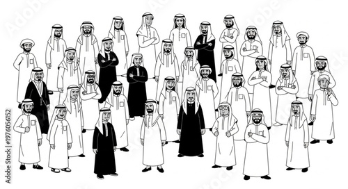 Group of Arab men in traditional attire standing together.