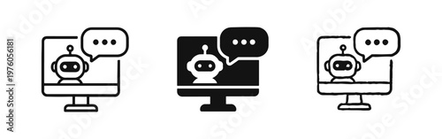 AI Chatbot Conversation on Computer Monitor Icons with Speech Bubble Set.