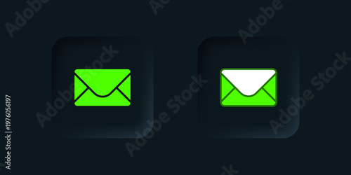 Green Mail and e-mail icon isolated on black background. Envelope symbol e-mail. Email message sign. Black square button. Vector
