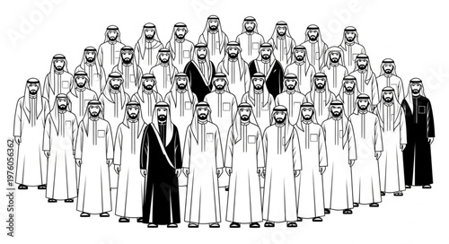 Group of Arab men in traditional attire standing together.