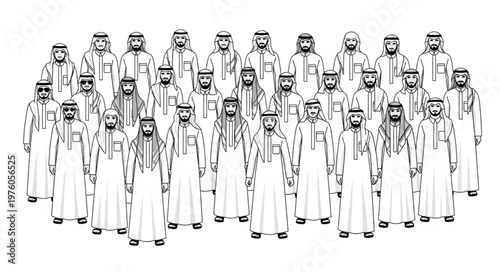 Group of Arab men in traditional attire standing together.