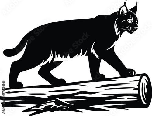 Lynx silhouette walking on log detailed black vector art for wildlife and forest nature themes sophisticated.