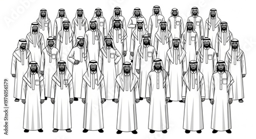 Group of Arab men in traditional attire standing together.