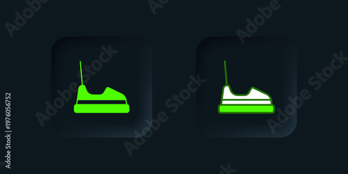 Green Bumper car icon isolated on black background. Amusement park. Childrens entertainment playground, recreation park. Black square button. Vector