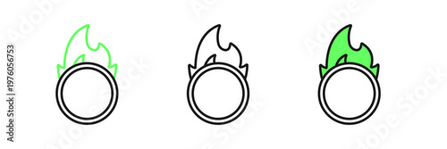 Set line Circus fire hoop icon isolated on white background. Ring of fire flame. Round fiery frame. Vector