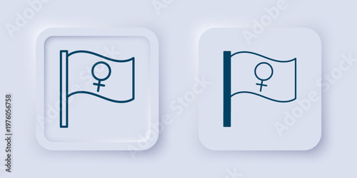 Filled and outline Female movement, feminist activist with banner and placards icon isolated on grey background. Feminist rights movement, feminism sisterhood. Square button. Vector