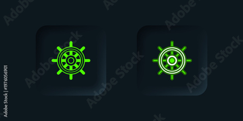 Green Ship steering wheel icon isolated on black background. Black square button. Vector