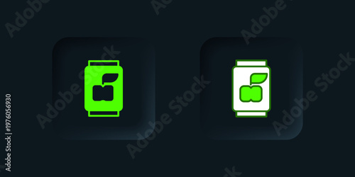 Green Soda can icon isolated on black background. Black square button. Vector