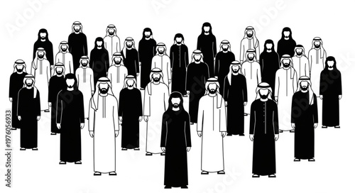 Group of Arab men in traditional attire standing together.