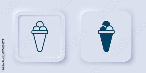 Filled and outline Ice cream in waffle cone icon isolated on grey background. Sweet symbol. Square button. Vector