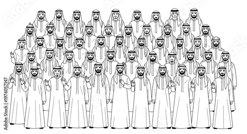 Group of Arab men in traditional attire, standing together.