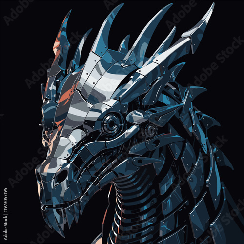 EPS Vector Cybernetic Dragon Head Robotic Metallic Beast Illustration Sci-Fi Character Design Sharp Chrome Plate Detail