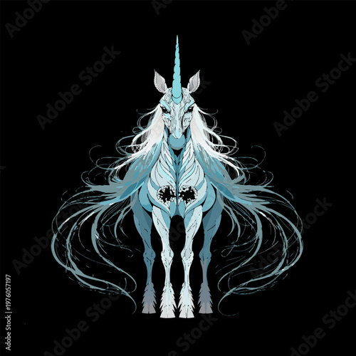 EPSs vector unicorn mythical horse ethereal blue line art mystical symmetrical creature black background