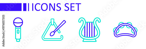Set line Tambourine, Ancient Greek lyre, Triangle musical instrument and Microphone icon. Vector