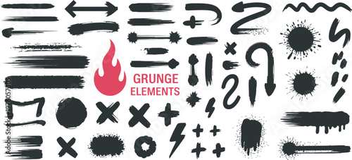 Decorative grunge set, brush lines strokes, highlighters, graffiti spray stains, splatter marks, dirty texture, sketch arrows doodles, vector graphic box