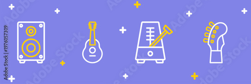 Set line Guitar neck, Metronome with pendulum, and Stereo speaker icon. Vector