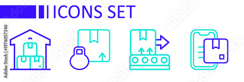 Set line Document tracking marker, Conveyor belt with box, Carton cardboard and Full warehouse icon. Vector
