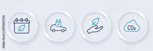 Set line CO2 emissions in cloud, Leaf hand, Electric car and Calendar with autumn leaves icon. Vector