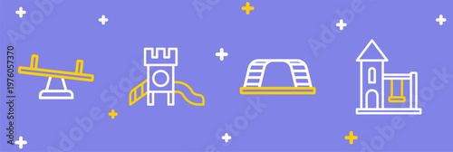 Set line Swing for kids, Monkey bar, Slide playground and Seesaw icon. Vector