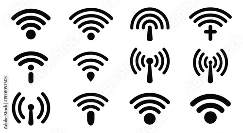 Wireless and wifi icon set, internet connection symbols, WiFi signal signs, wireless connectivity icons, podcast and streaming elements, network access indicators, modern flat vector design for apps, 