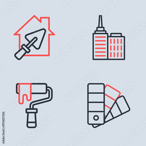 Set line City landscape, Paint roller brush, Color palette guide and House with trowel icon. Vector