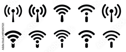 Wireless and wifi icon set, internet connection symbols, WiFi signal signs, wireless connectivity icons, podcast and streaming elements, network access indicators, modern flat vector design for apps, 