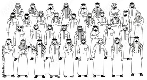 Group of Arab men in traditional attire standing together.