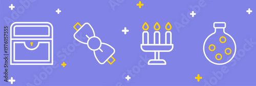 Set line Bottle with potion, Candlestick, Bow tie and Antique treasure chest icon. Vector