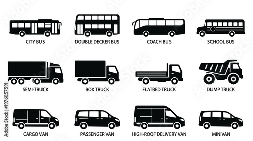 Various types of large vehicles.