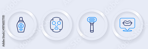 Set line Smiling lips, Shaving razor, Facial cosmetic mask and Bottle of shampoo icon. Vector