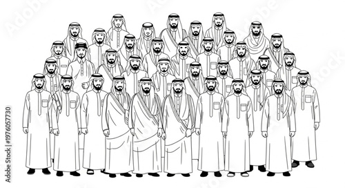 Group of Arab men in traditional attire, standing together.