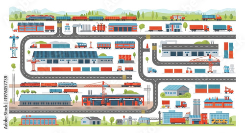 Detailed Train Depot Illustration with Various Train Cars and Buildings.