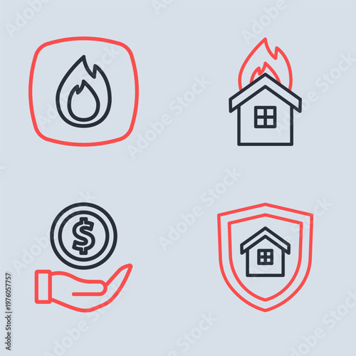 Set line Fire in burning house, Money with shield, House and flame icon. Vector