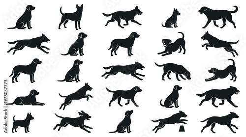 Black silhouettes of various dog breeds.