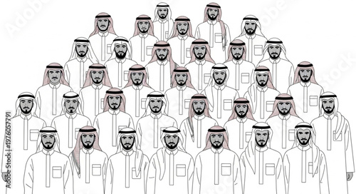 Group of Arab men in traditional attire, standing together.