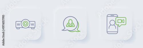 Set line Video chat conference, Speech bubble and Movie, film, media projector icon. Vector