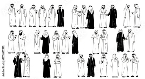 Group of Arab men in traditional attire, standing together.