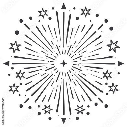 Radiant burst of celestial energy and cosmic rays, linear vector drawing with starlight and points in circular ornament