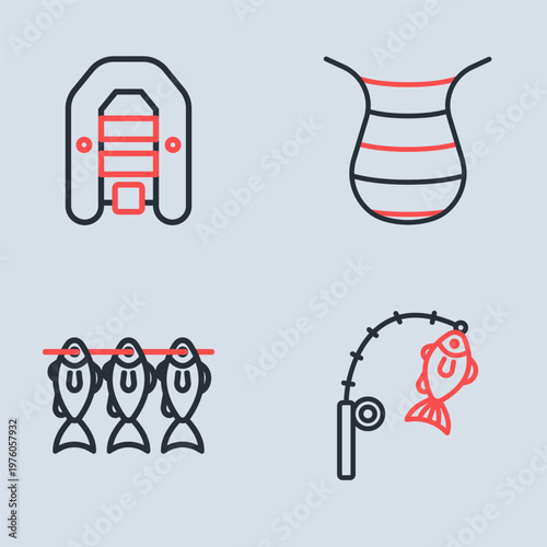 Set line Fishing net, Case or box for fishing equipment, rod and and Inflatable boat with motor icon. Vector