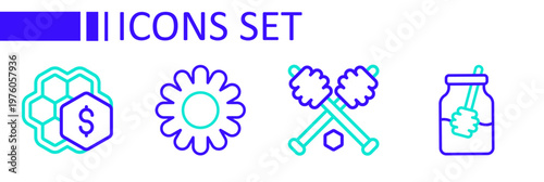 Set line Jar of honey and dipper stick, Honey, Flower and Sale honeycomb icon. Vector