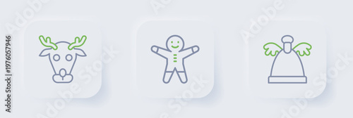 Set line Angel, Holiday gingerbread man cookie and Reindeer icon. Vector