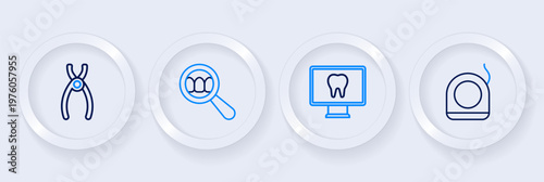 Set line Dental floss, Online dental care, search and pliers icon. Vector