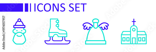 Set line Church building, Angel, Skates and Santa Claus hat and beard icon. Vector